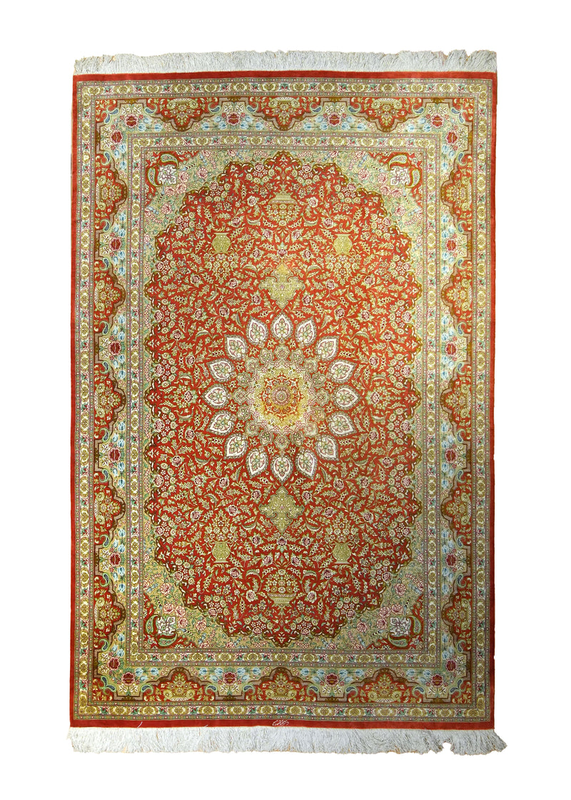 Persian Rug Qum Handmade Area Traditional 4'4"x6'6" (4x7) Red Yellow/Gold Floral Mirmehdi Design #A35420