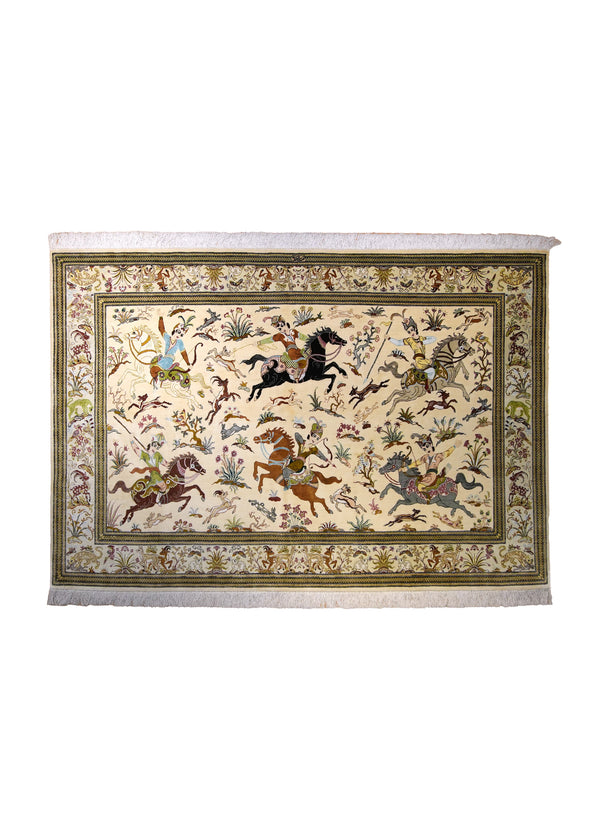 Persian Rug Qum Handmade Area Traditional 4'4"x6'7" (4x7) Whites/Beige Yellow/Gold Hunting Scene Mirmehdi Design #A35421