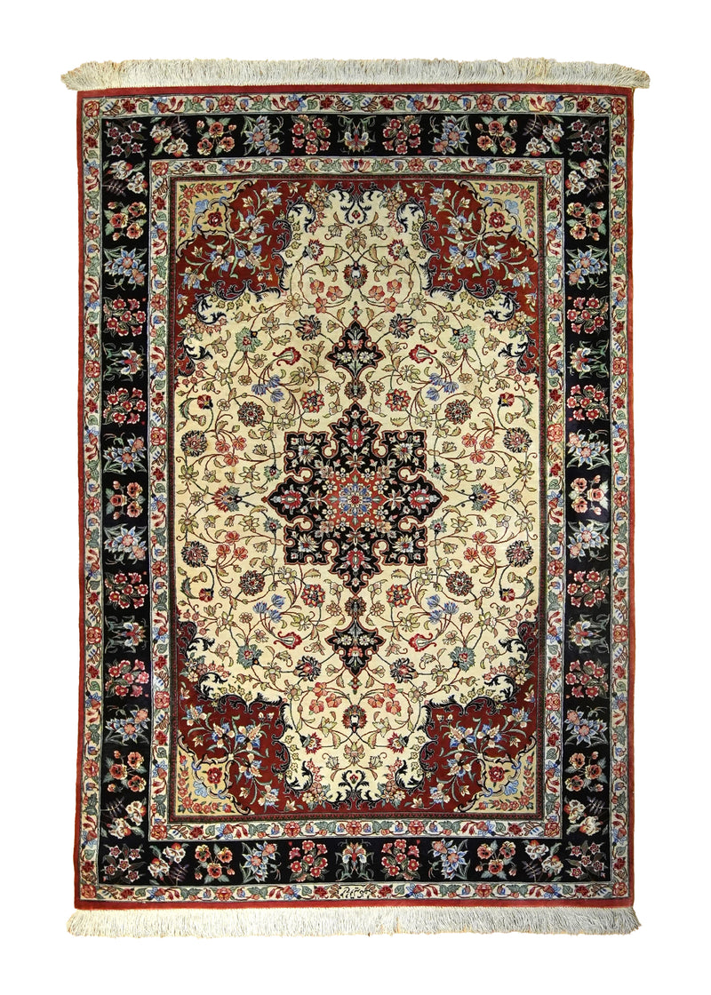 Persian Rug Qum Handmade Area Traditional 3'3"x5'11" (3x6) Whites/Beige Red Black Floral Kalhor Design #A35423