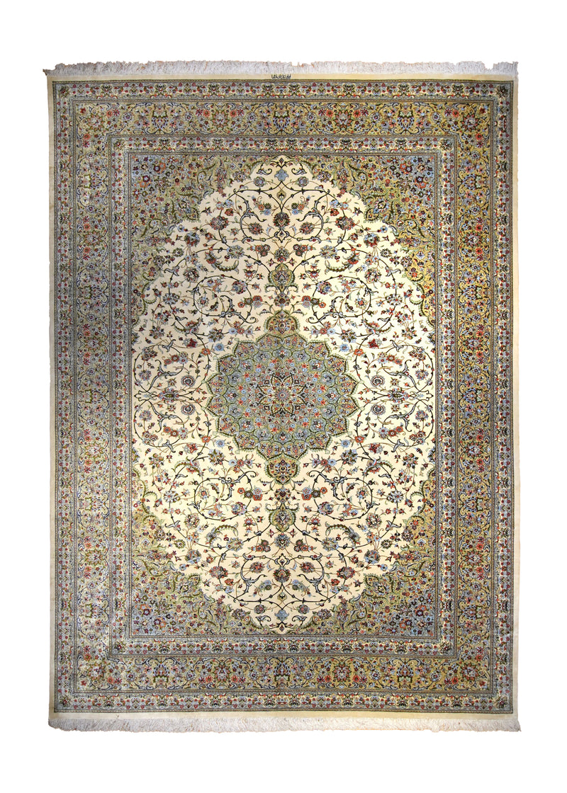 Persian Rug Kashan Handmade Area Traditional 8'0"x11'4" (8x11) Whites/Beige Yellow/Gold Floral Erami Design #A35424