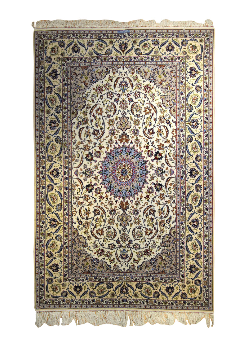 Persian Rug Isfahan Handmade Area Traditional 4'11"x7'9" (5x8) Whites/Beige Yellow/Gold Blue Floral Karimi Design #A35425