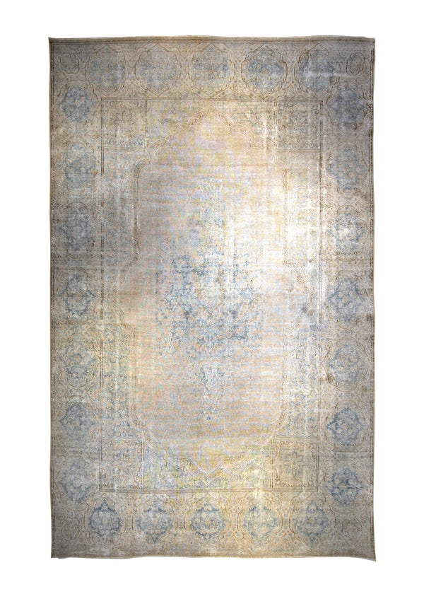 Persian Rug Kerman Handmade Area Vintage Neutral 10'2"x16'0" (10x16) Whites/Beige Yellow/Gold Blue Open Field Floral Design #A35426