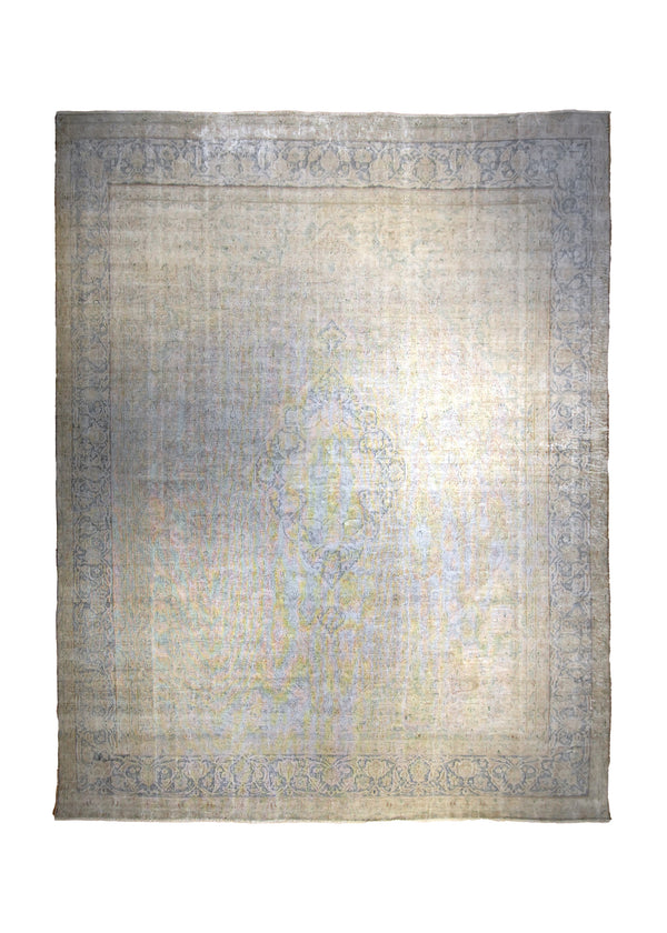 Persian Rug Kerman Handmade Area Vintage Neutral 9'11"x13'2" (10x13) Whites/Beige Yellow/Gold Blue Floral Design #A35427