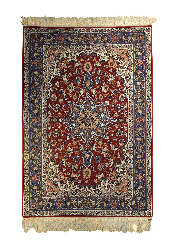 Persian Rug Isfahan Handmade Area Traditional 3'6"x5'2" (4x5) Red Blue Floral Design #A35481