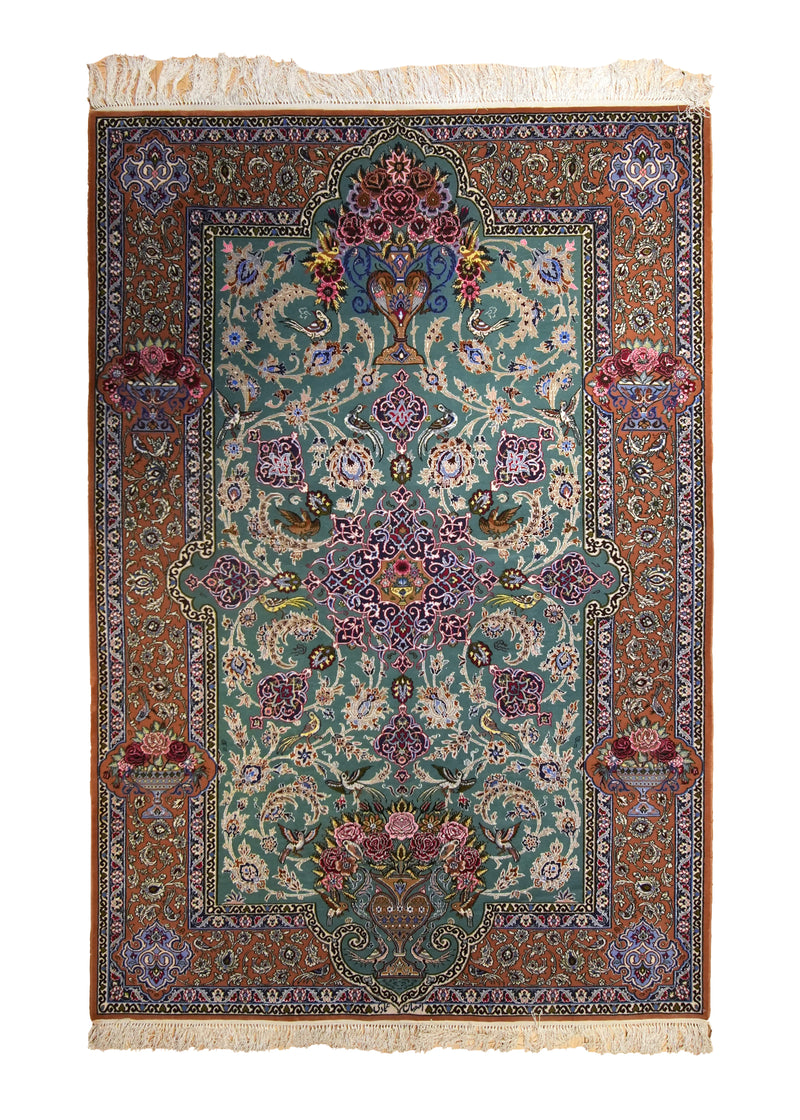 Persian Rug Isfahan Handmade Area Traditional 5'1"x7'7" (5x8) Green Orange Floral Emadi Animals Vase Design #A35487