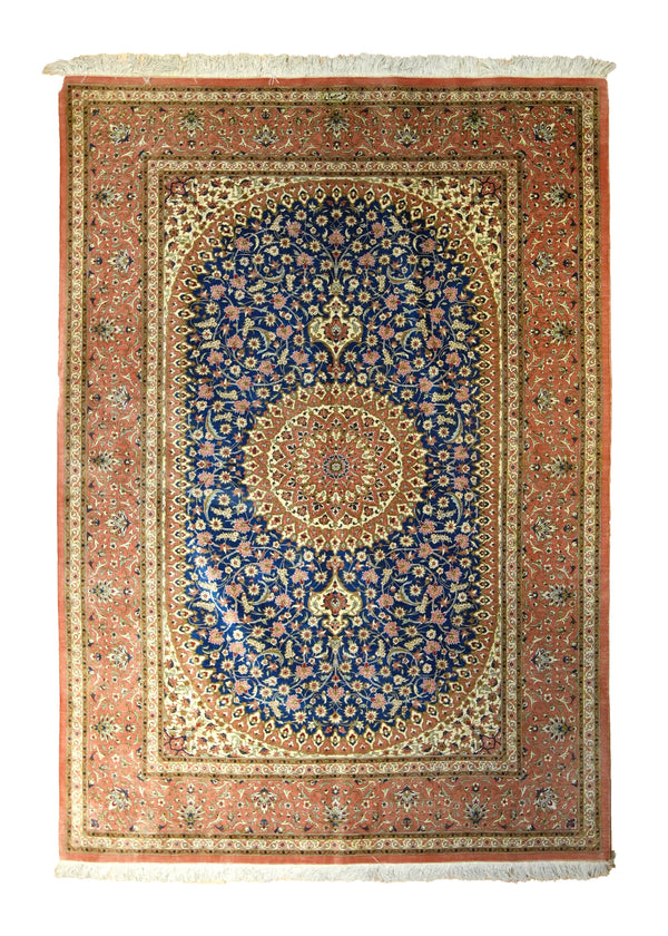 Persian Rug Qum Handmade Area Traditional 4'6"x6'6" (5x7) Orange Blue Floral Ma'soomi Design #A35488