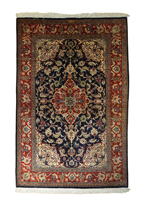 Persian Rug Qum Handmade Area Traditional 3'5"x5'1" (3x5) Red Blue Floral Ahmadi Design #A35495