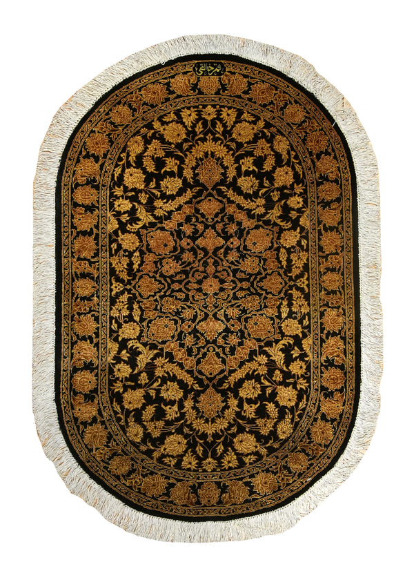 Persian Rug Qum Handmade Round Traditional 1'11"x2'11" (2x3) Yellow/Gold Black Floral Khaleghi Design #A35508