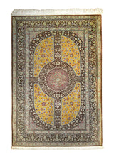Persian Rug Qum Handmade Area Traditional 3'4"x4'11" (3x5) Brown Yellow/Gold Floral Design #A35510