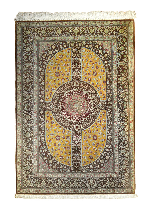 Persian Rug Qum Handmade Area Traditional 3'4"x4'11" (3x5) Brown Yellow/Gold Floral Design #A35510