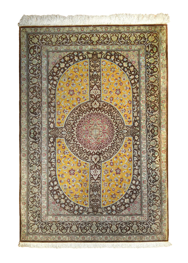 Persian Rug Qum Handmade Area Traditional 3'4"x4'11" (3x5) Brown Yellow/Gold Floral Design #A35510
