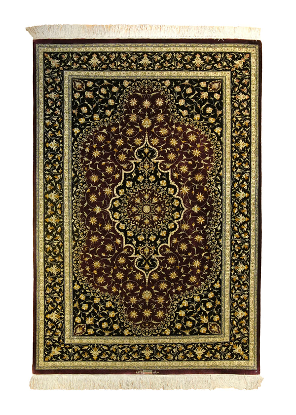 Persian Rug Saveh Handmade Area Traditional 3'3"x4'9" (3x5) Red Yellow/Gold Black Floral Naini Design #A35511