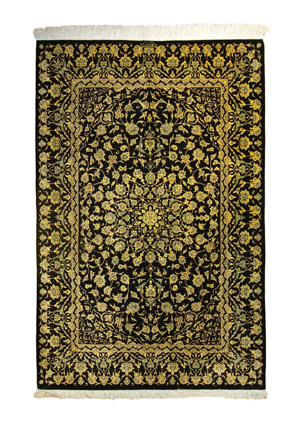 Persian Rug Qum Handmade Area Traditional 3'3"x4'10" (3x5) Yellow/Gold Black Floral Hosseini Design #A35514