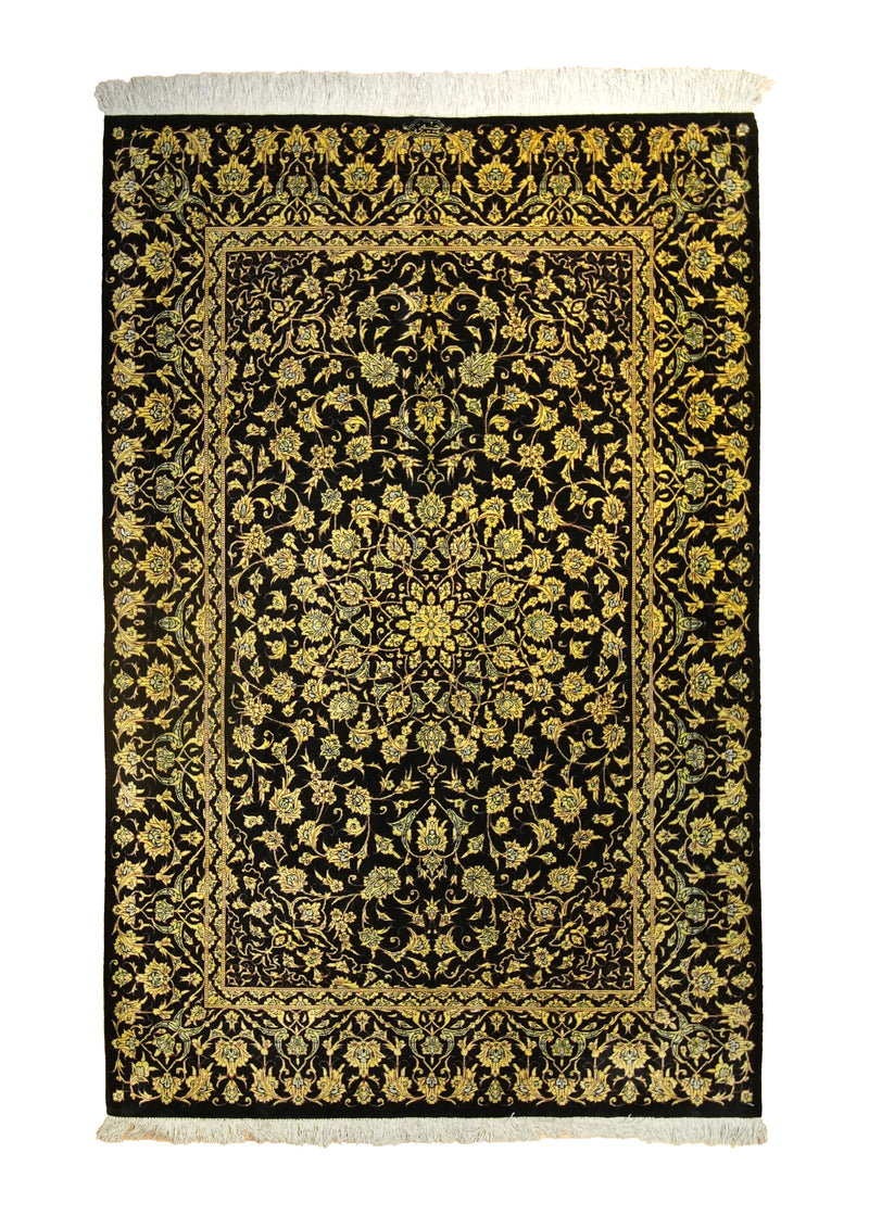 Persian Rug Qum Handmade Area Traditional 3'3"x4'10" (3x5) Yellow/Gold Black Floral Hosseini Design #A35514