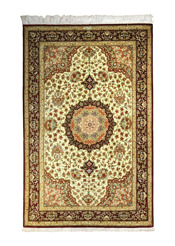 Persian Rug Qum Handmade Area Traditional 3'3"x5'0" (3x5) Whites/Beige Red Yellow/Gold Floral Mirmehdi Design #A35515