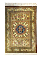 Persian Rug Qum Handmade Area Traditional 3'3"x4'9" (3x5) Yellow/Gold Blue Floral Mirmehdi Design #A35517