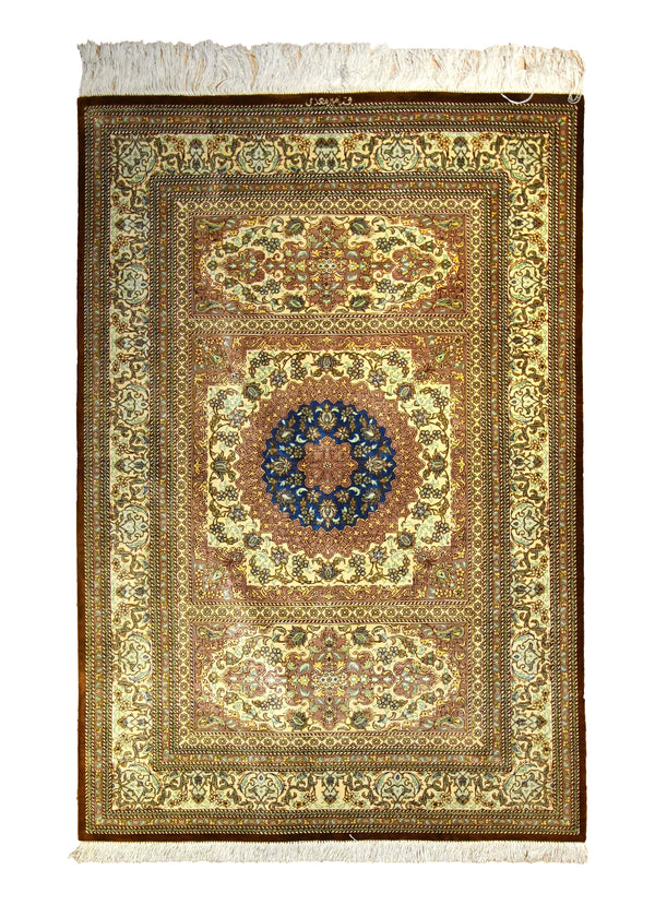 Persian Rug Qum Handmade Area Traditional 3'3"x4'9" (3x5) Yellow/Gold Blue Floral Mirmehdi Design #A35517