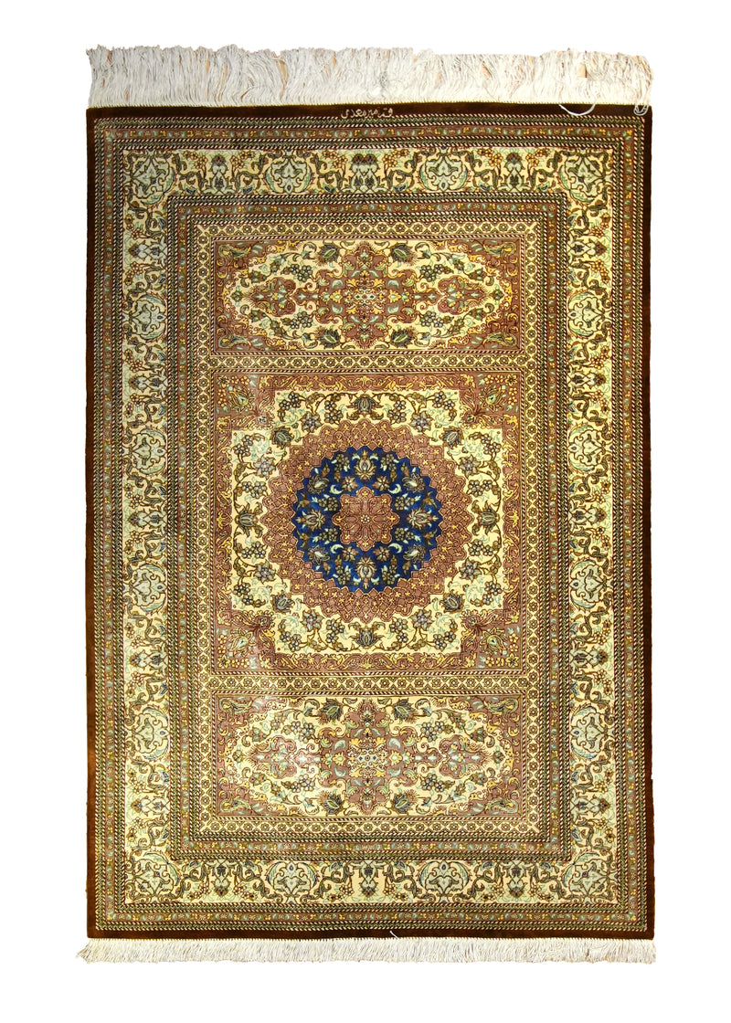 Persian Rug Qum Handmade Area Traditional 3'3"x4'9" (3x5) Yellow/Gold Blue Floral Mirmehdi Design #A35517