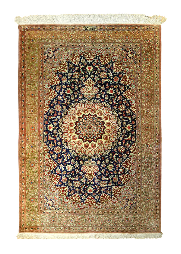 Persian Rug Qum Handmade Area Traditional 3'4"x4'10" (3x5) Whites/Beige Blue Floral Lajevardi Design #A35525