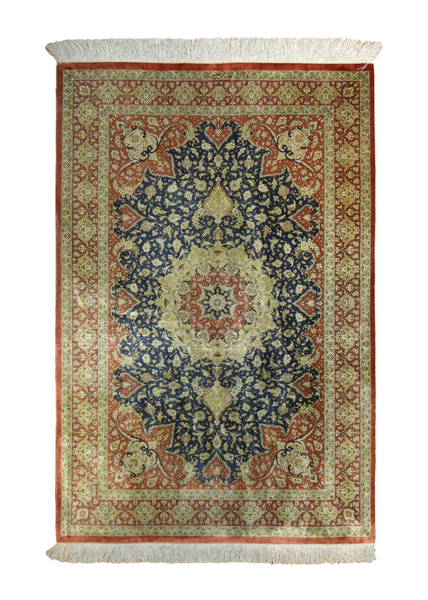 Persian Rug Qum Handmade Area Traditional 3'3"x4'10" (3x5) Red Blue Floral Shafieie Design #A35527