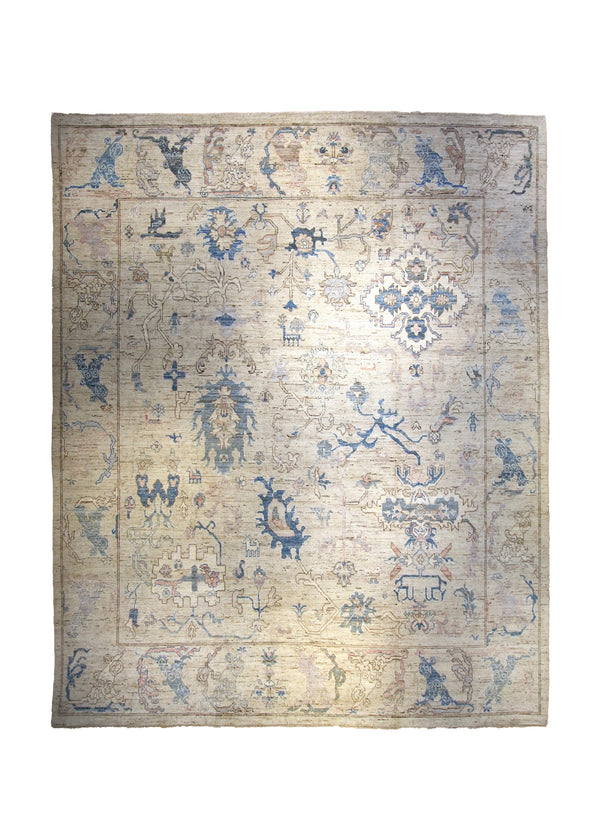 Oriental Rug Afghan Handmade Area Transitional Neutral 12'0"x14'10" (12x15) Whites/Beige Blue Geometric Oushak Design #A35545