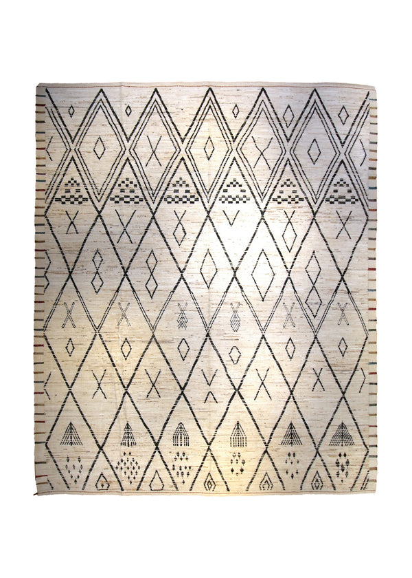 Oriental Rug Afghan Handmade Area Transitional 12'1"x14'7" (12x15) Whites/Beige Black Geometric Moroccan Design #A35547