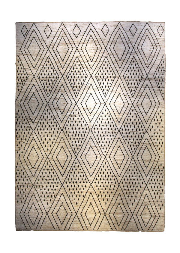 Oriental Rug Afghan Handmade Area Transitional 12'6"x17'5" (13x17) Whites/Beige Black Geometric Moroccan Design #A35551
