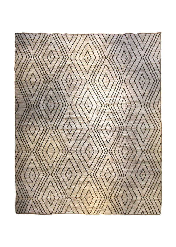 Oriental Rug Afghan Handmade Area Transitional 12'7"x14'8" (13x15) Whites/Beige Black Geometric Moroccan Design #A35553