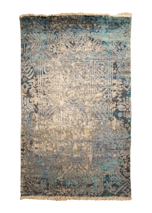 Oriental Rug Indian Handmade Area Modern 2'0"x3'0" (2x3) Whites/Beige Blue Abstract Erased Design #A35575