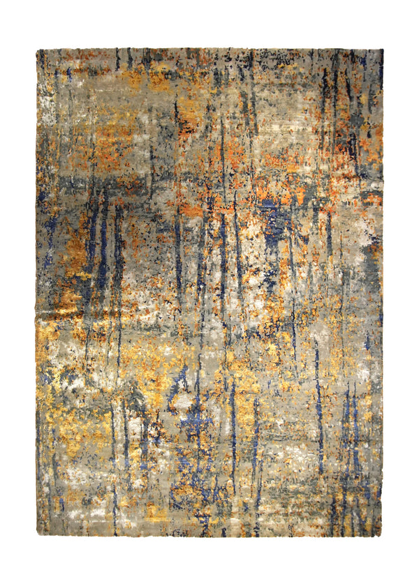 Oriental Rug Indian Handmade Area Modern 9'0"x12'0" (9x12) Whites/Beige Yellow/Gold Blue Abstract Splatter Design #A35576