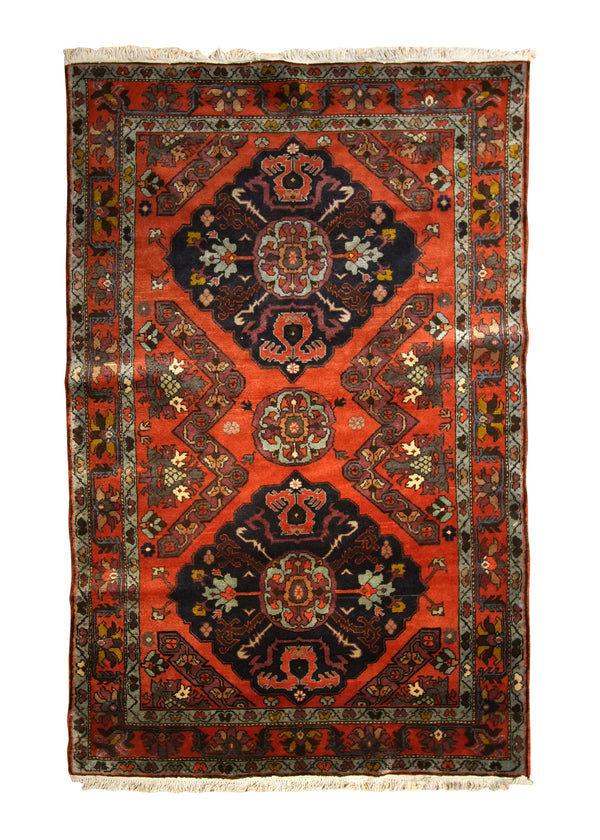 Persian Rug Nahavand Handmade Area Tribal Vintage 4'4"x6'7" (4x7) Red Geometric Design #A35600
