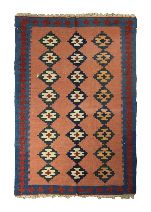 Persian Rug Ghashghaei Handmade Area Tribal 2'7"x3'11" (3x4) Pink Blue Geometric Kilim Design #A35617