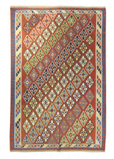A11196 Persian Rug Shiraz Handmade Area Tribal 6'7'' x 10'0'' -7x10- Red Multi-color Geometric Kilim Design