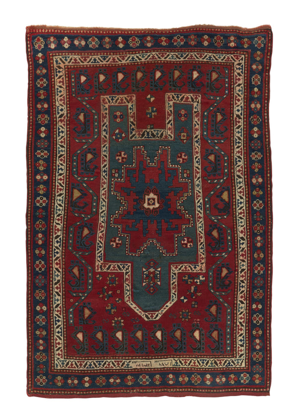 11085 Caucasian Rug Shirvan Handmade Area Antique Tribal 3'9'' x 5'8'' -4x6- Red Blue Prayer Rug Design
