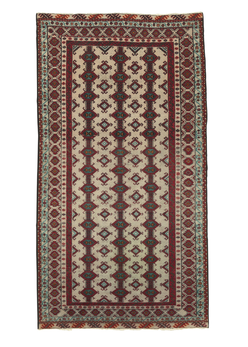 11087 Persian Rug Baloch Handmade Area Runner Tribal 3'8'' x 6'11'' -4x7- Whites Beige Red Bokhara Design