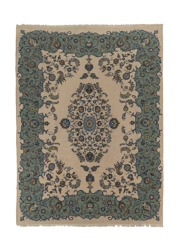 112 Persian Rug Kashan Handmade Area Traditional 9'6'' x 13'6'' -10x14- Whites Beige Blue Open Field Floral Design