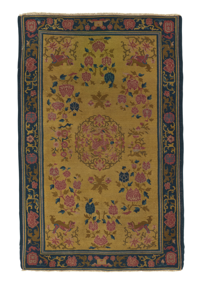 11422 Oriental Rug Chinese Handmade Area Antique Traditional 4'0'' x 6'3'' -4x6- Yellow Gold Peking Design