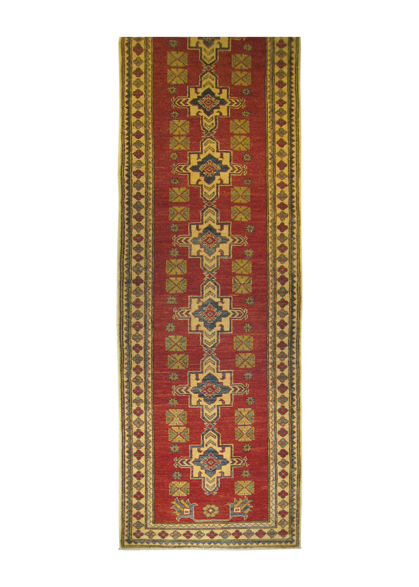 A25251 Oriental Rug Pakistani Handmade Runner Transitional Tribal 2'6'' x 11'3'' -3x11- Red Whites Beige Antique Washed Kazak Geometric Design