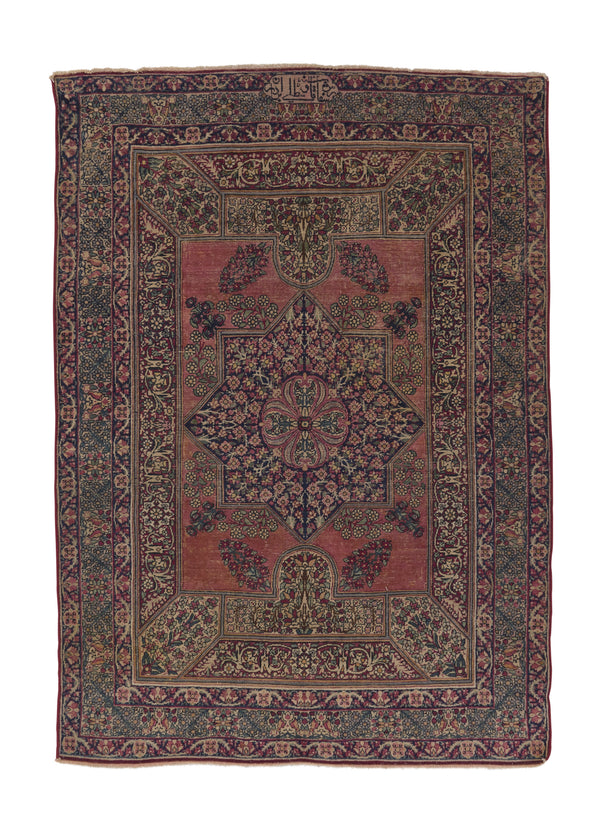 13193 Persian Rug Lavar Kerman Handmade Area Antique Traditional 4'3'' x 6'2'' -4x6- Pink Blue Floral Design