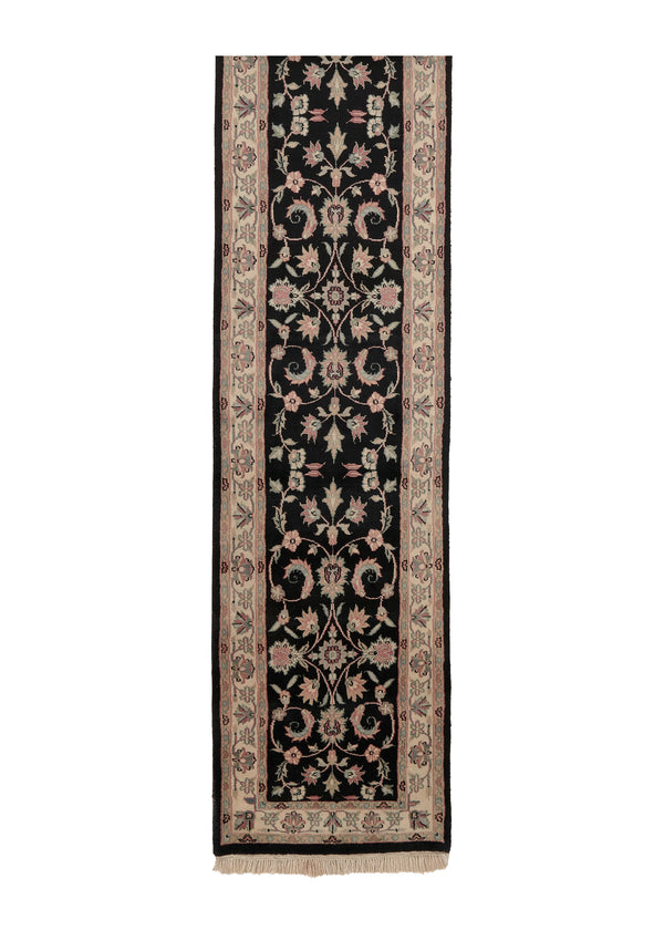 14804 Oriental Rug Indian Handmade Runner Transitional 2'4'' x 14'6'' -2x15- Black Pink Floral Design