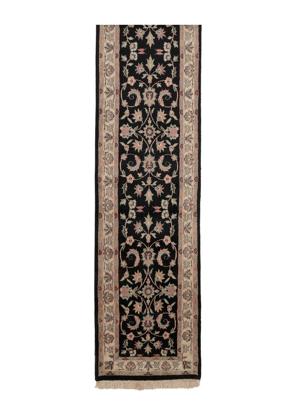 14804 Oriental Rug Indian Handmade Runner Transitional 2'4'' x 14'6'' -2x15- Black Pink Floral Design