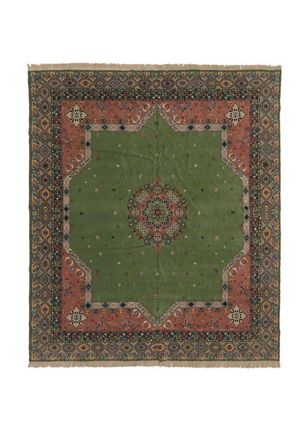 15065 Oriental Rug Moroccan Handmade Square Tribal 11'1'' x 13'6'' -11x14- Green Pink Open Field Geometric Design