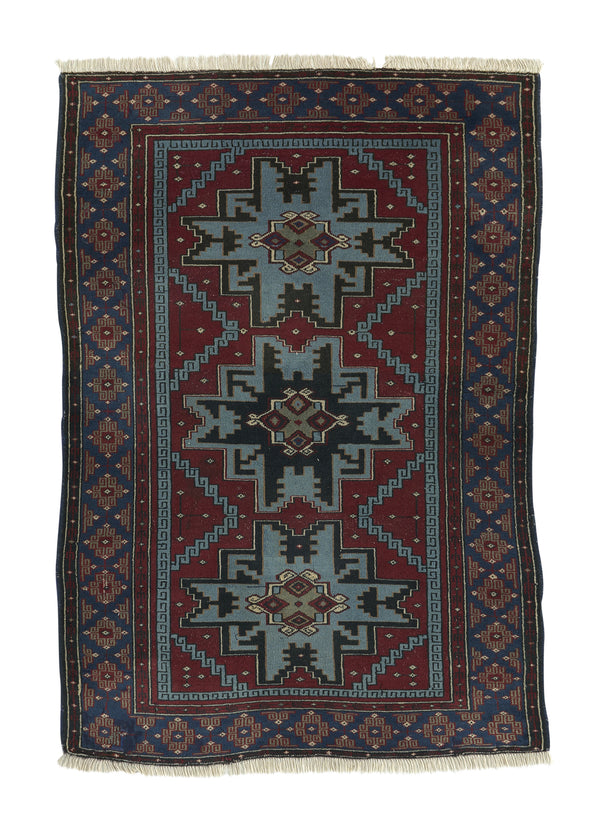 15169 Caucasian Rug Lesghistan Handmade Area Antique Tribal 3'5'' x 4'10'' -3x5- Red Blue Geometric Design