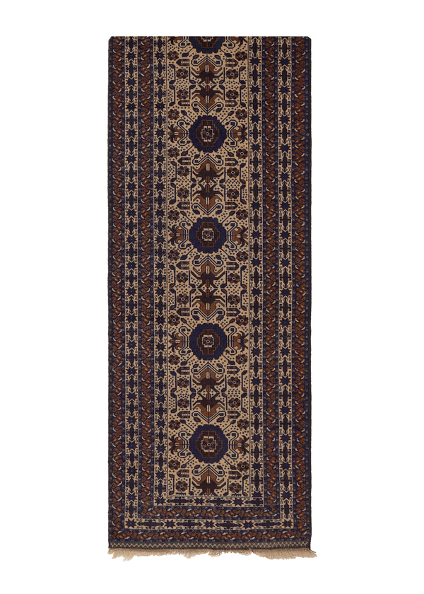 16019 Oriental Rug Afghan Handmade Runner Tribal 2'9'' x 12'6'' -3x13- Brown Blue Geometric Design
