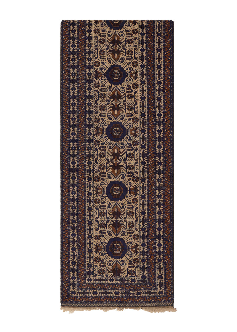 16019 Oriental Rug Afghan Handmade Runner Tribal 2'9'' x 12'6'' -3x13- Brown Blue Geometric Design