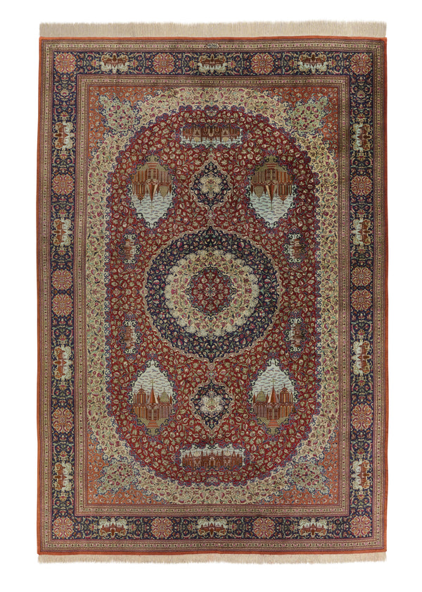 16079 Persian Rug Qum Handmade Area Traditional Traditional 6'6'' x 9'9'' -7x10- Red Orange Pictorial Floral Design