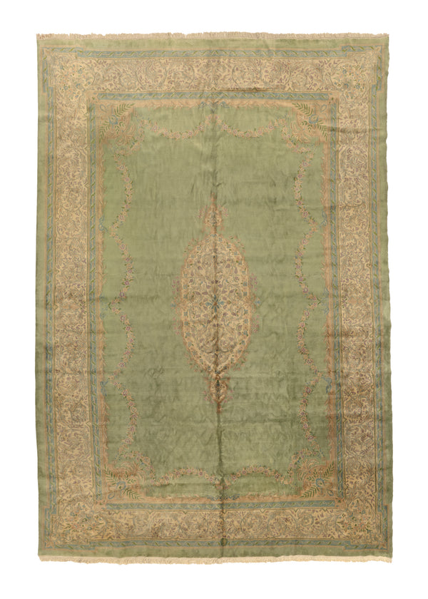 16221 Persian Rug Kerman Handmade Area Traditional 11'1'' x 17'9'' -11x18- Green Open Field Floral Design