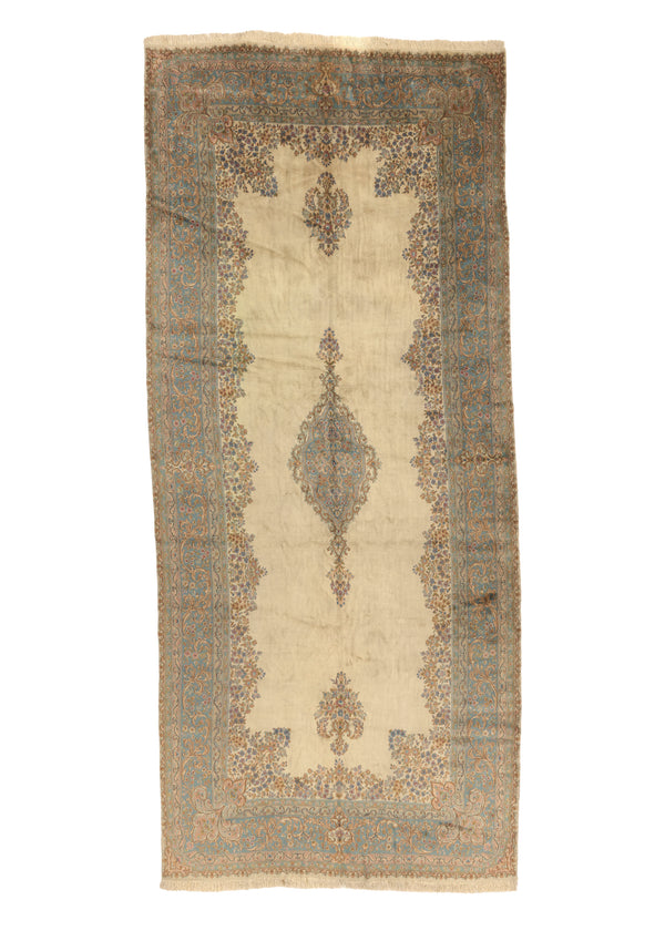 16372 Persian Rug Kerman Handmade Area Traditional 8'10'' x 19'9'' -9x20- Whites Beige Blue Open Field Floral Design
