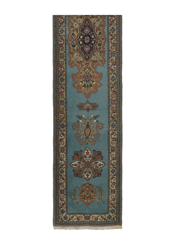 163 Persian Rug Tabriz Handmade Runner Traditional 2'6'' x 13'2'' -3x13- Blue Open Field Floral Design