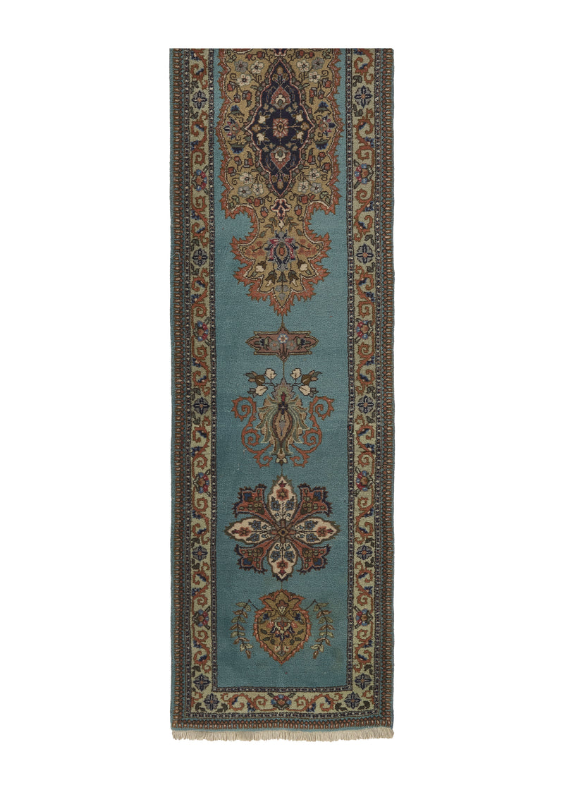 163 Persian Rug Tabriz Handmade Runner Traditional 2'6'' x 13'2'' -3x13- Blue Open Field Floral Design